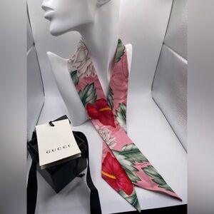 Gucci Pink Floral Silk Twilly Scarf